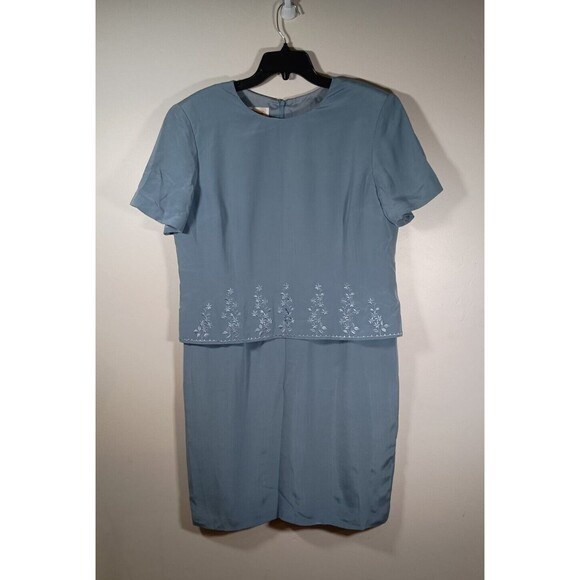Vintage Talbots Silk Grey Shoulder Pads 80s 90s Zip Embroidered Dress Size 18 - Picture 1 of 10